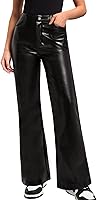 OZICERD Women's Black Faux Leather High Waisted Flare Leg Pants - Straight Wide Leg Pleather Leggings with Pockets