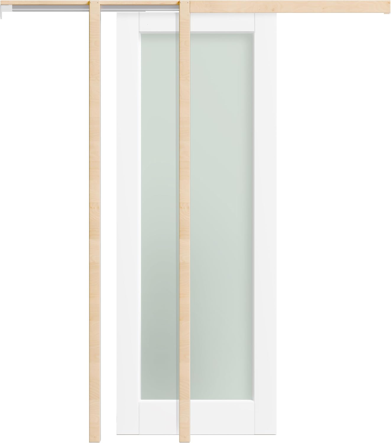 ค่าใช้จ่ายเหนือศีรษะ view of a pocket door frame with the door partially installed, showing the track and vertical supports.