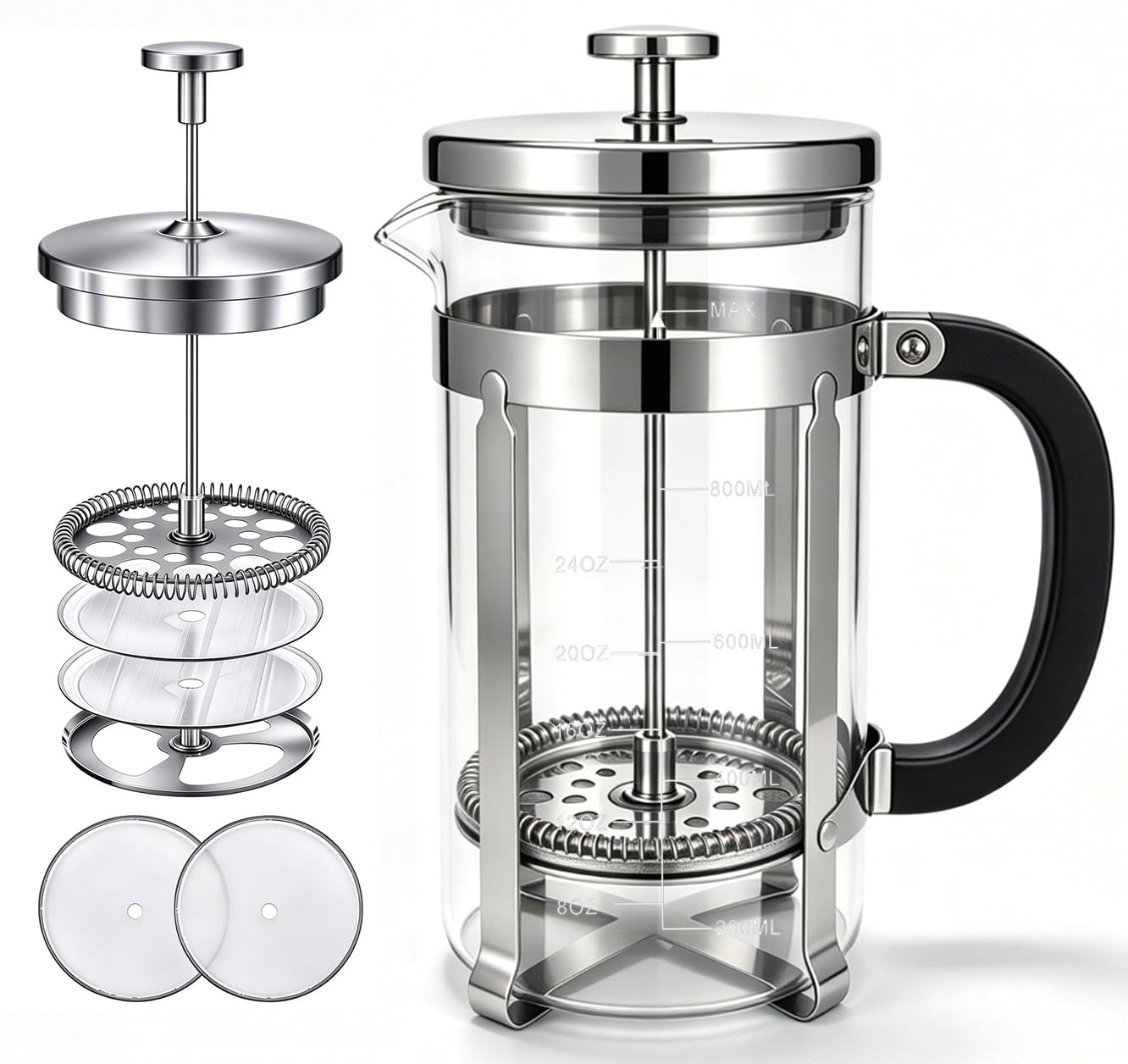 French Press Coffee Maker 304 Stainless Steel Double Mesh Filter, Borosilicate Glass Fren…