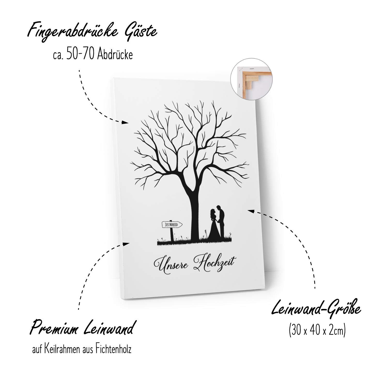 Wedding Tree Leinwand zur Hochzeit, Fingerabdruckbaum als Gästebuch (30x40cm, inkl. Stift + Stempelkissen)