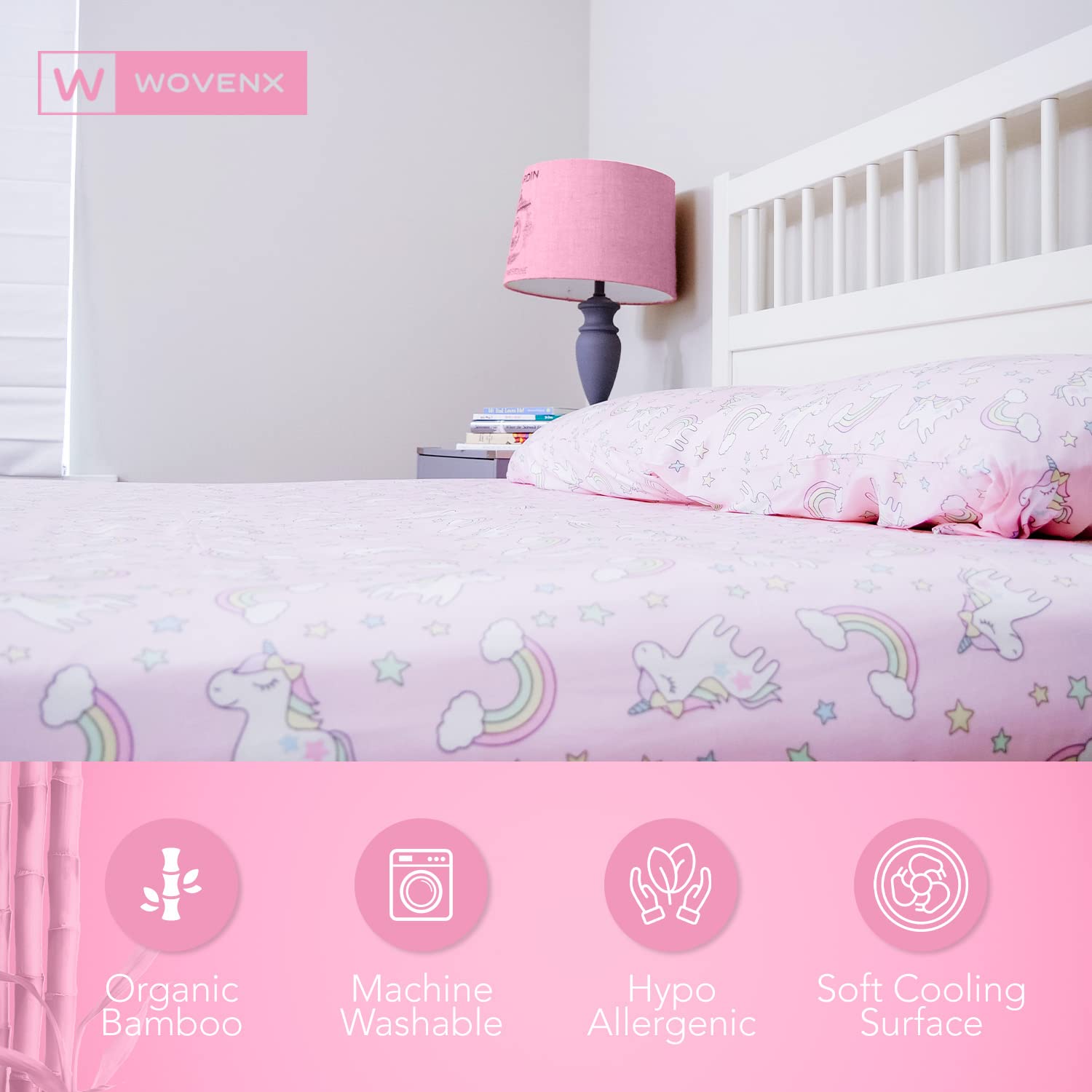 Juego de sábanas de bambú orgánico para niños con certificación Oeko-Tex, individual, matrimonial, para niños, sábana de bambú refrescante, unicornio, dinosaurio (matrimonial, unicornio)