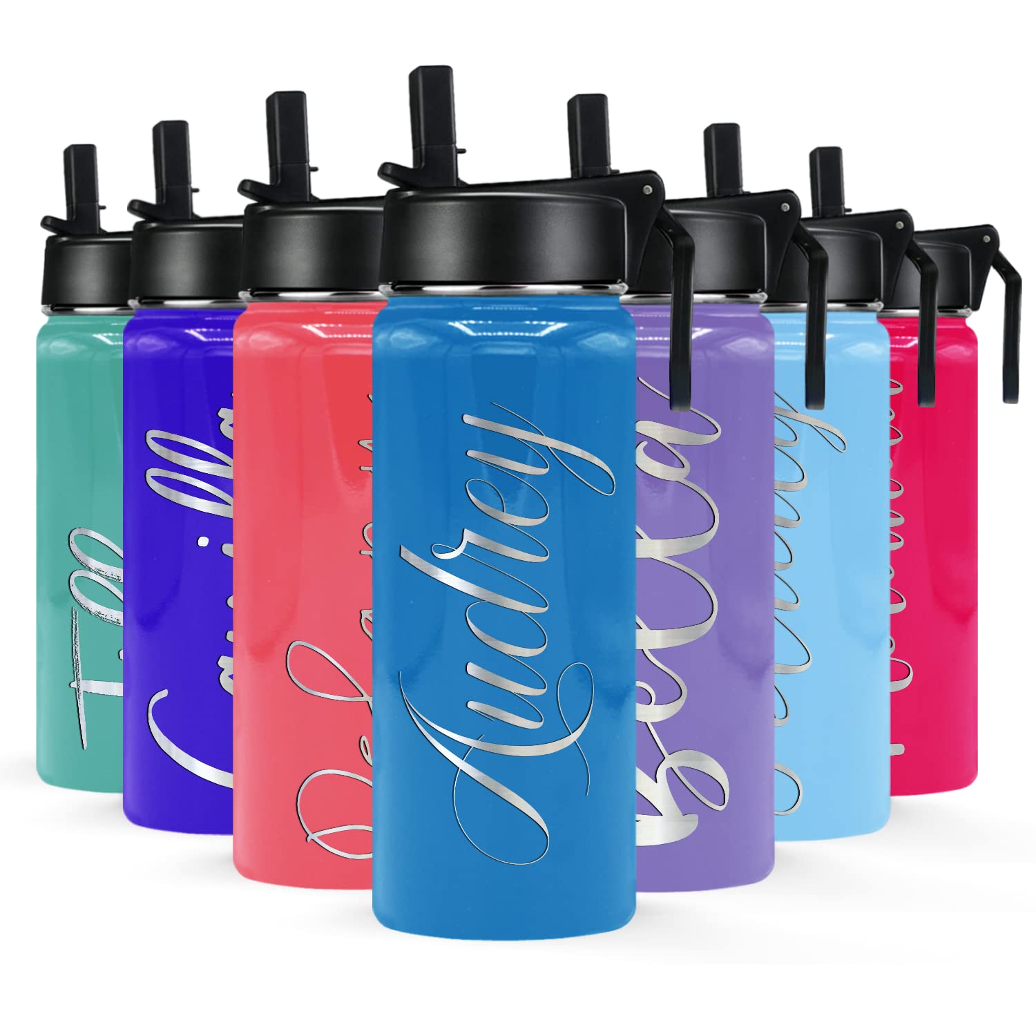 Cuptify Personalized Water Bottle for Women with Straw Lid on Baby Blue Gloss Engraved Custom Name 18 oz Modern Insulated Stainless Steel Bottle for