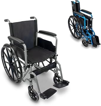Mobiclinic , Folding Wheelchair Lightweight, with Big Wheels, Self Propelled, Marsella, Transit Wheelchair, Mobility aids, Quick-Release castors at The Push of a Button, Sturdy, Seat 18.11 in Silver