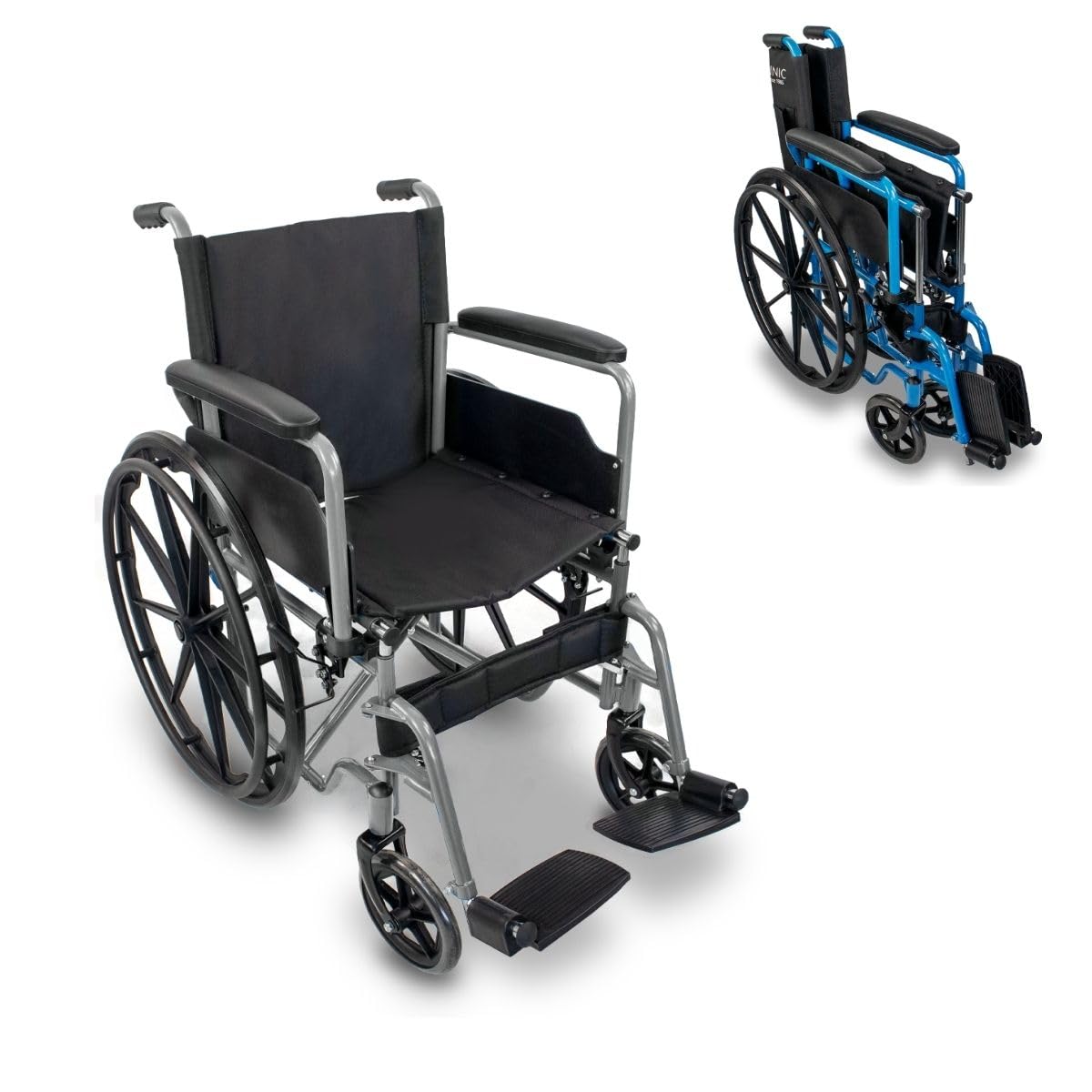 Mobiclinic®, Składany wózek inwalidzki, Marsella, Kółka z możliwością szybkiego zwolnienia po naciśęciu przycisku, Stabilny, Siedzisko 46 cm, Dźwignia hamulca, Srebrny