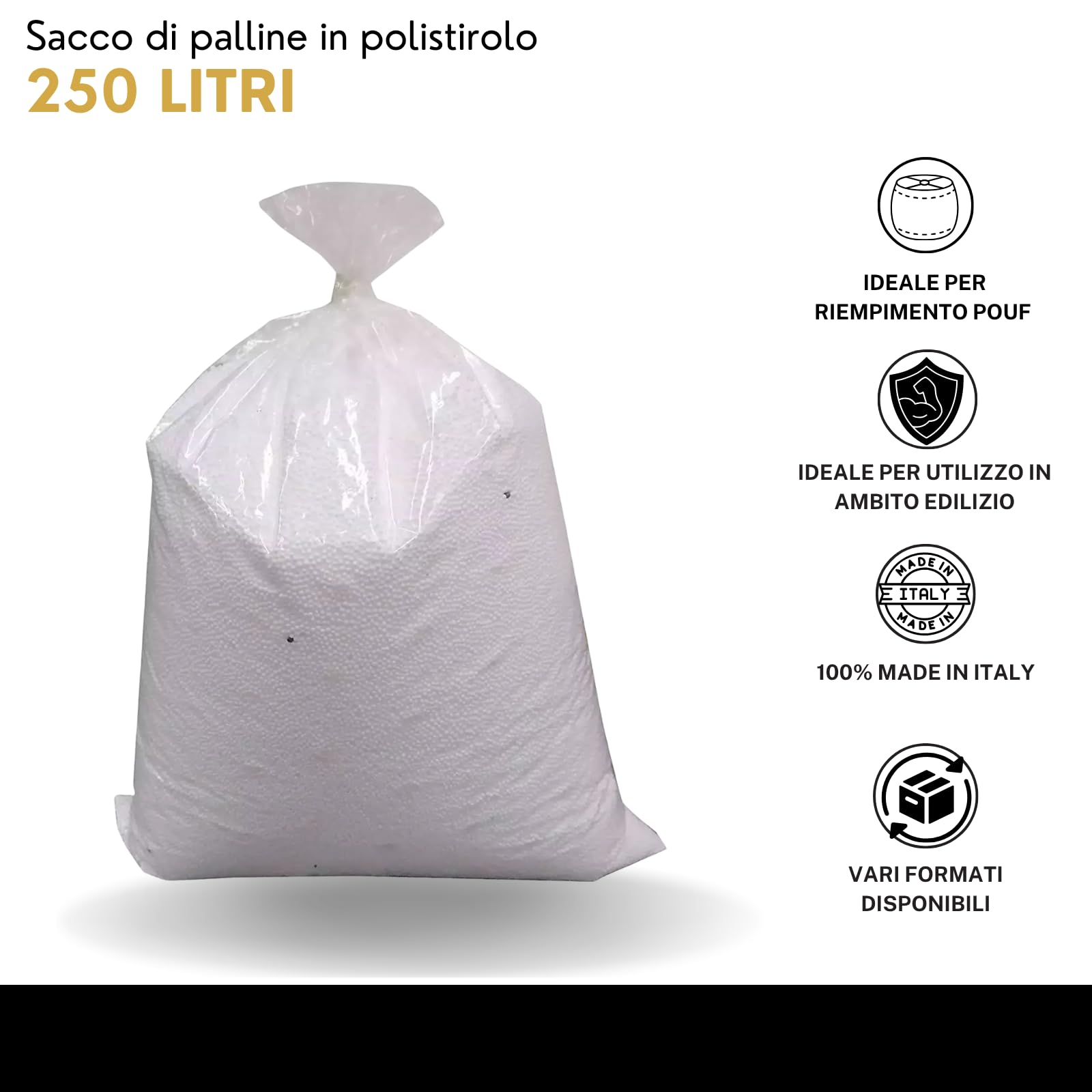 FESTA WOW Sacco Perle Polistirolo Espanso per Riempimento Pouf Poltrone a Sacco Cuscini Diametro da 2 a 8 mm Rigenerato Isolamento Massetti Allegeriti,Imballaggio Multiuso Made in Italy (250 Litri)