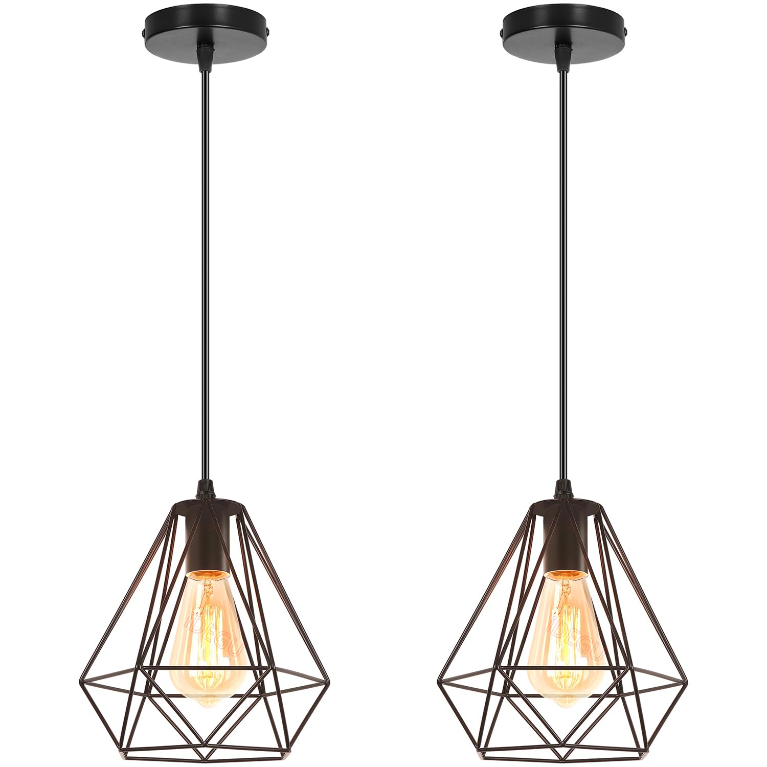 iDEGU set di 2 lampade a sospensione in stile vintage metallo lampadario a sospensione in forma di gabbia diamante, 20cm, Nero