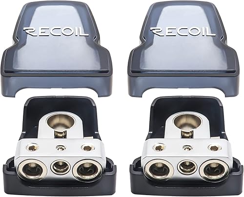 Vista 6 de Recoil PBT-D04 Paquete de 2 abrazaderas de terminales de batería negativas positivas de latón macizo de alta calidad con una salida de calibre 0/2/4