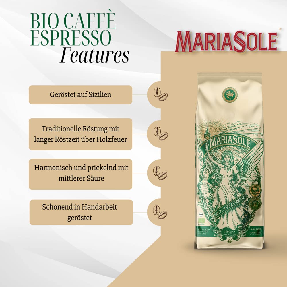 MariaSole Caffè Espresso Bio ziarna kawy 1 kg – tradycyjne palenie na Sycylii przy użyciu drewna – ręcznie wykonane ziarna espresso premium do ekspresu i sitka