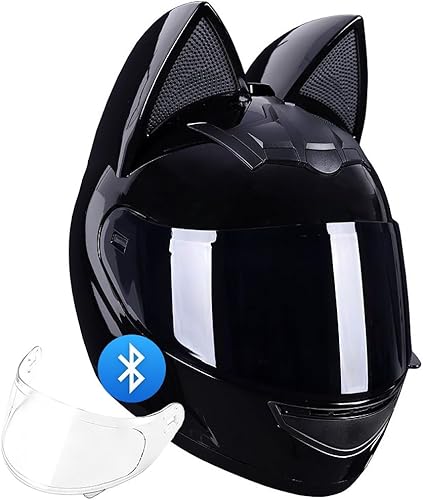 Casco Bluetooth de motocicleta con orejas de gato, certificado DOT, casco de motocicleta de cara completa, lindos cascos de gato con visera HD y