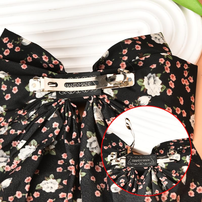 Miniatura 3 de Pinzas de lazo grandes para mujeres y niñas con cinta de cola larga, lazo floral negro, pasadores franceses, pinzas de lazo de satén sedoso para el