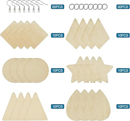 Miniatura 4 de Mega Pet Juego de 60 colgantes de madera en blanco sin acabar, triángulo, rombo, lágrima, estrella, forma redonda, plana, kit de bricolaje con