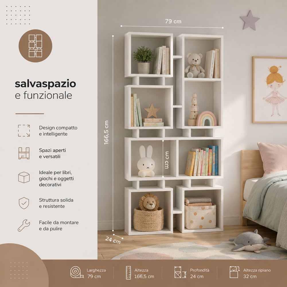 Shally Dogan Libreria a 4 Ripiani Multiscaffale in Legno Design Moderno, Scaffalatura Versatile con Struttura Resistente, Ideale per Soggiorno, Ufficio, Studio, Camera da Letto (Bianco)
