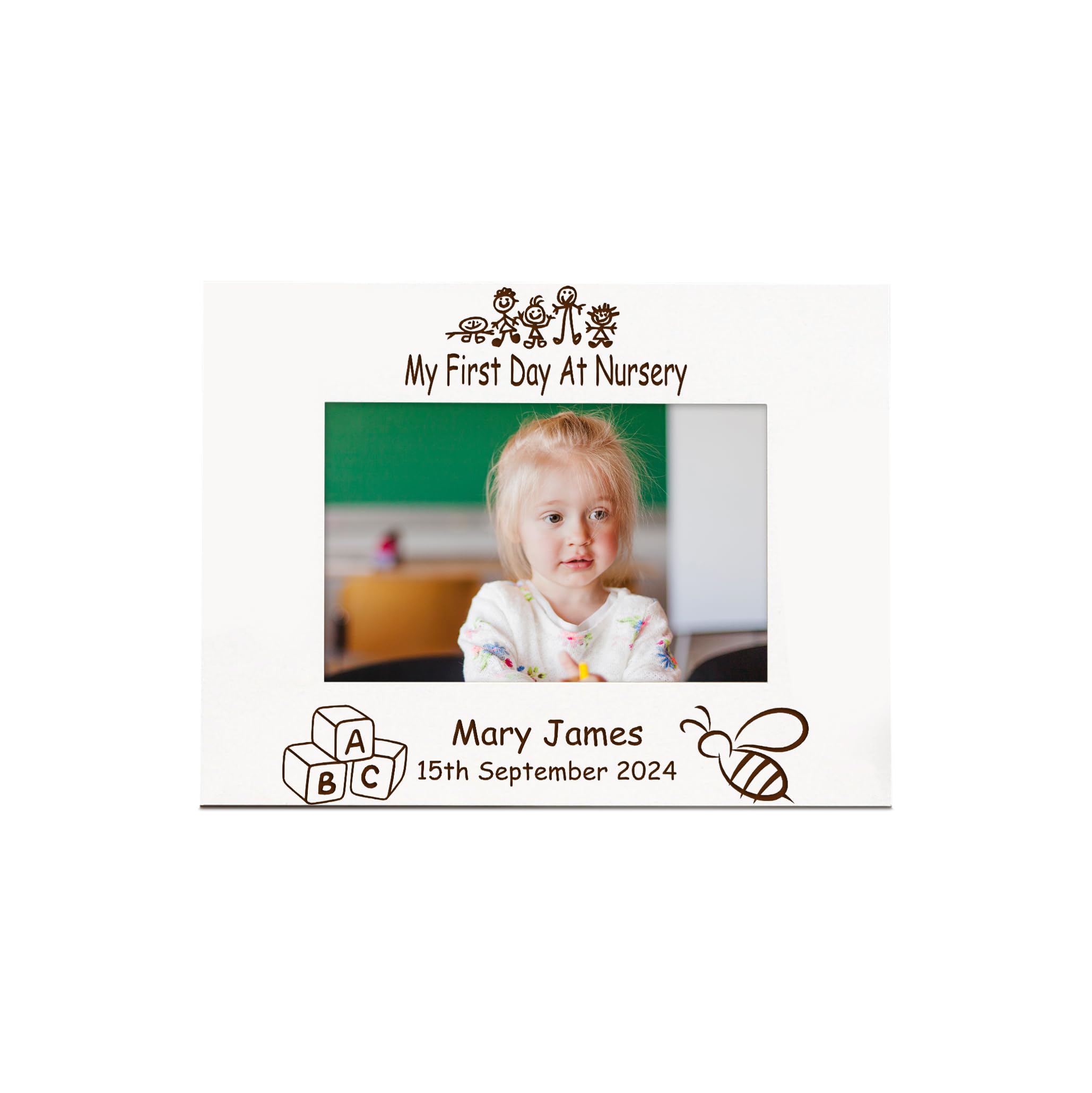 Personalised First Day At Nursery White Photo Frame, 6" x 4", Engraved (Landscape)
