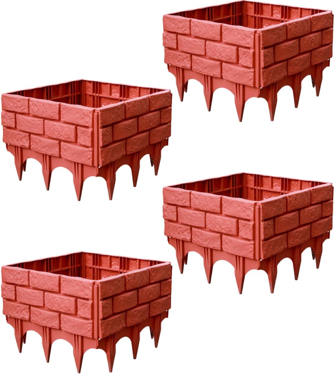 4pcs Plastic Garden Fence Border for Small Yard and Vegetable Garden, Brick Red Faux Picket Fencing Panel, Temporary Outdoor Lawn Decorative Fence for Patio and Courtyard