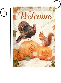 Garden Flag 12X18 Inch Double Sided Polyester Outside Welcome Autumn Turkey Squirrel Pumpkin Seasonal Sign Yard Farmhouse Outdoor Decor