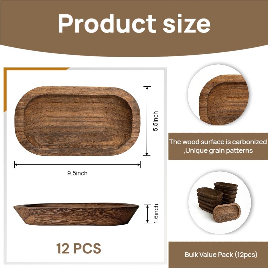 12 Pack Wooden Dough Bowls for Candle Making Bulk, 9.5" x 5.5" Hand-Carved Vintage Rustic Wood Bowls, Decorative Bread Bowl for Wedding Centerpiece and DIY Farmhouse Home Crafts, Dark Brown