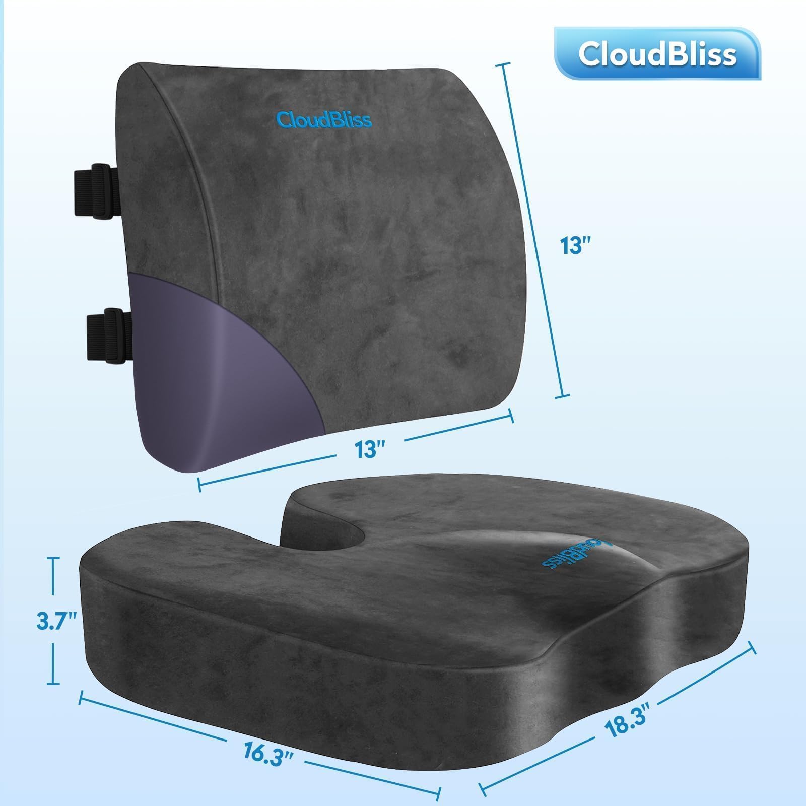 CloudBliss Poduszka do siedzenia, poduszka na krzesło biurowe, poduszka na siedzenie samochodowe, poduszka podtrzymująca lędźwie, na krzesło biurowe, podparcie pleców, poduszka z pianki z pamięcią
