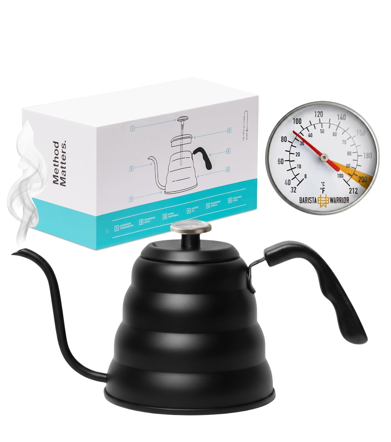 Barista Warrior Gooseneck Kettle with Thermometer - 1.2L Pour Over Coffee & Tea Kettle, 18/8 Matte Black Gooseneck Kettle Pot, Precision Pour Drip