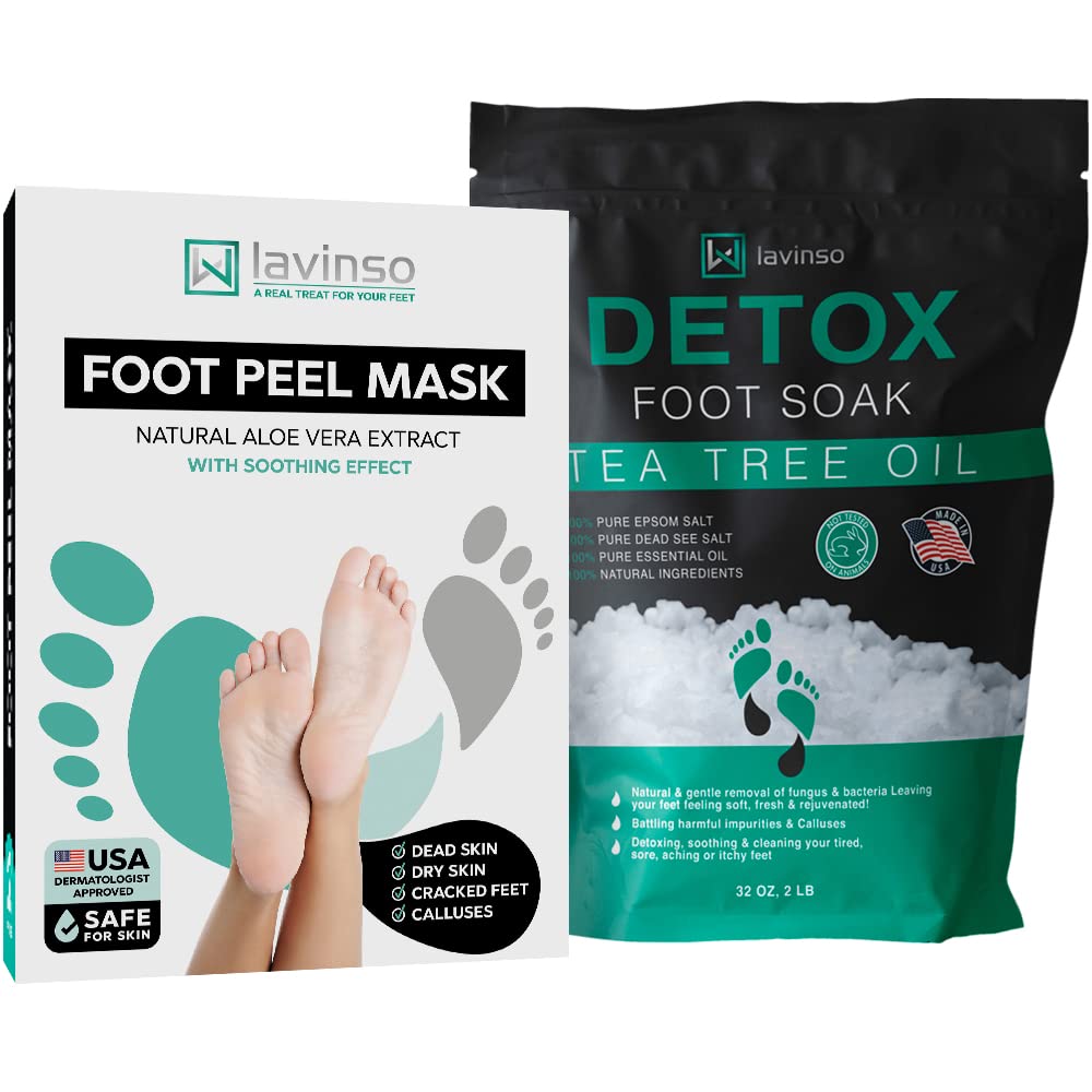 Tea Tree Foot Soak (2 lb) and Foot Peel Mask - Foot Care Kit For Dry Cracked Feet and Heels - Remove Dead Skin and Calluses - Treats Athlete's Foot and Stubborn Foot Odor