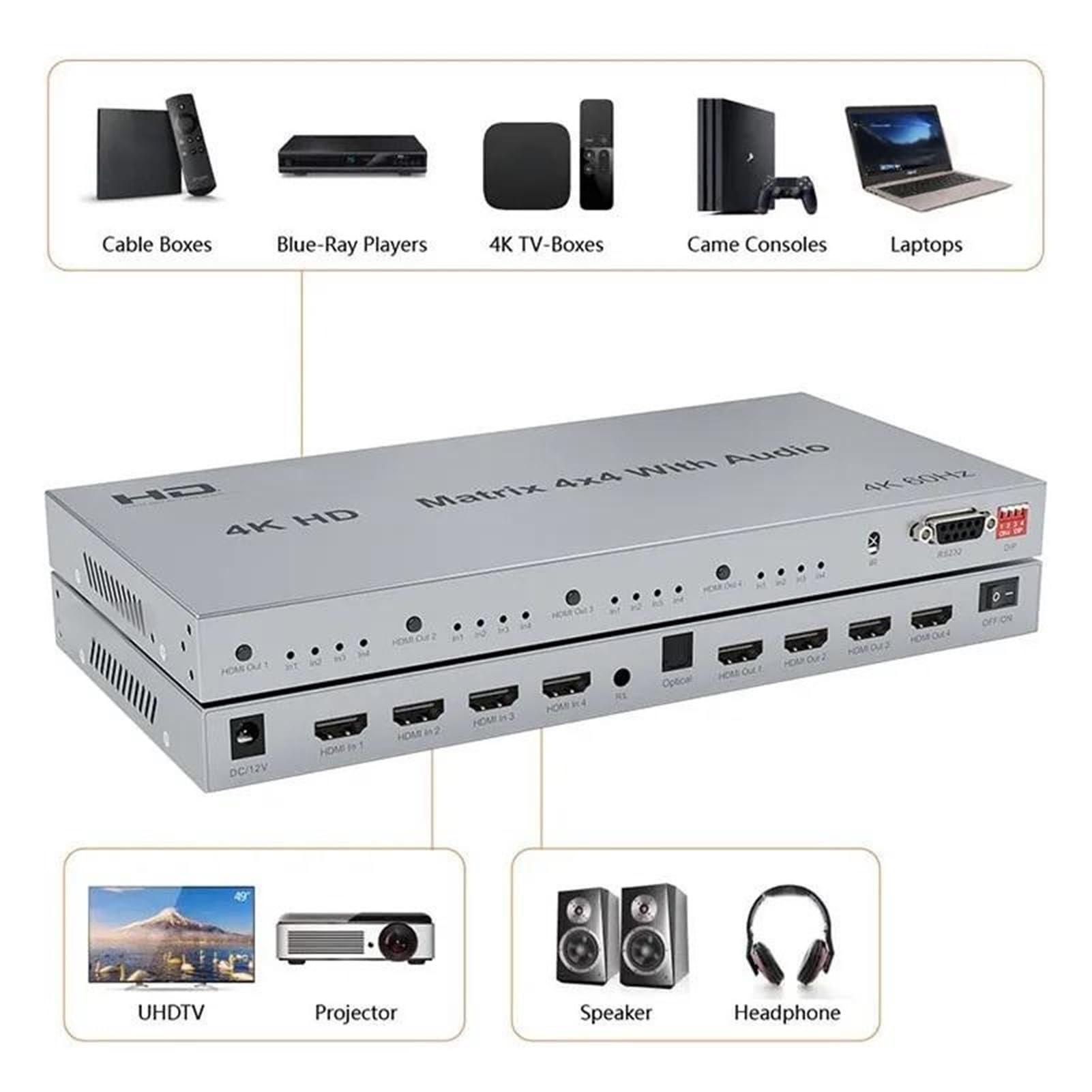 Matrice HDMI 4x4 4K@60Hz Compatibile con estrattore HDR 18Gbps 2.0 Switcher Splitter 4 in out Supporto RS232 con Ampia compatibilità, Facile da configurare(4K 60Hz 4x4)