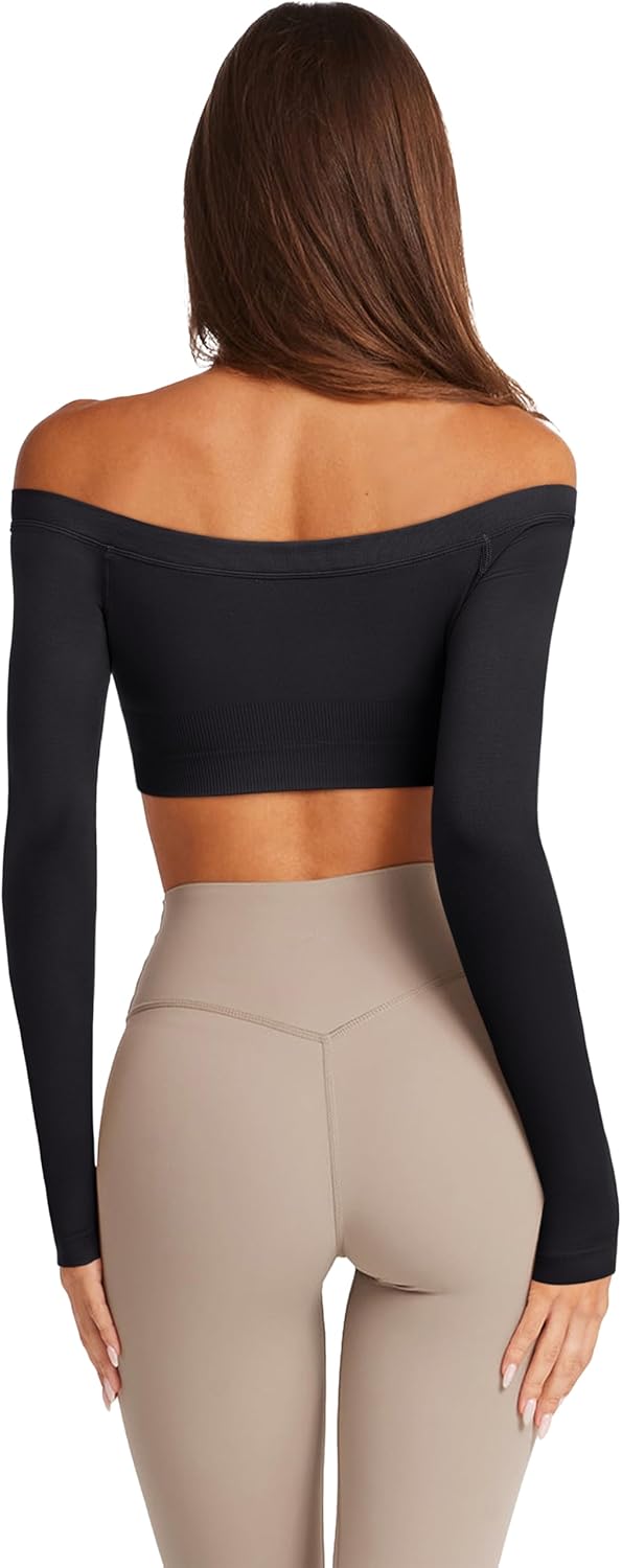 LASLULU Womens Off The Shoulder Tops Seamless Long Sleeve Workout Crop Top Sexy Gym Yoga Going Out Tops Shirts - Image 3