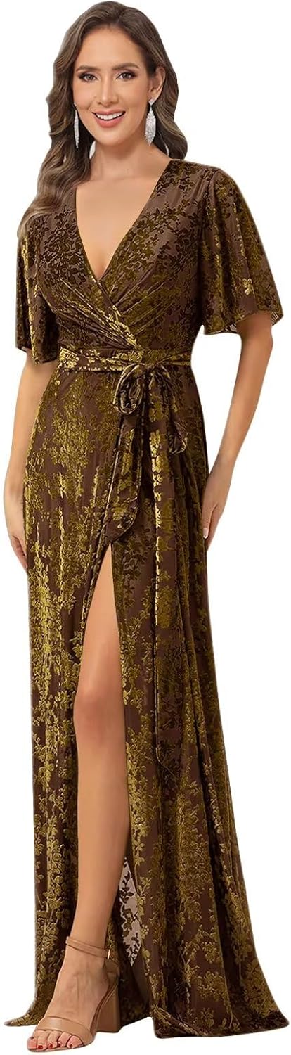 Floral Velvet Wrap Dress with Slit V Neck Long Bridesmaid Dresses for Women A-Line Flutter Sleeves Evening Gown