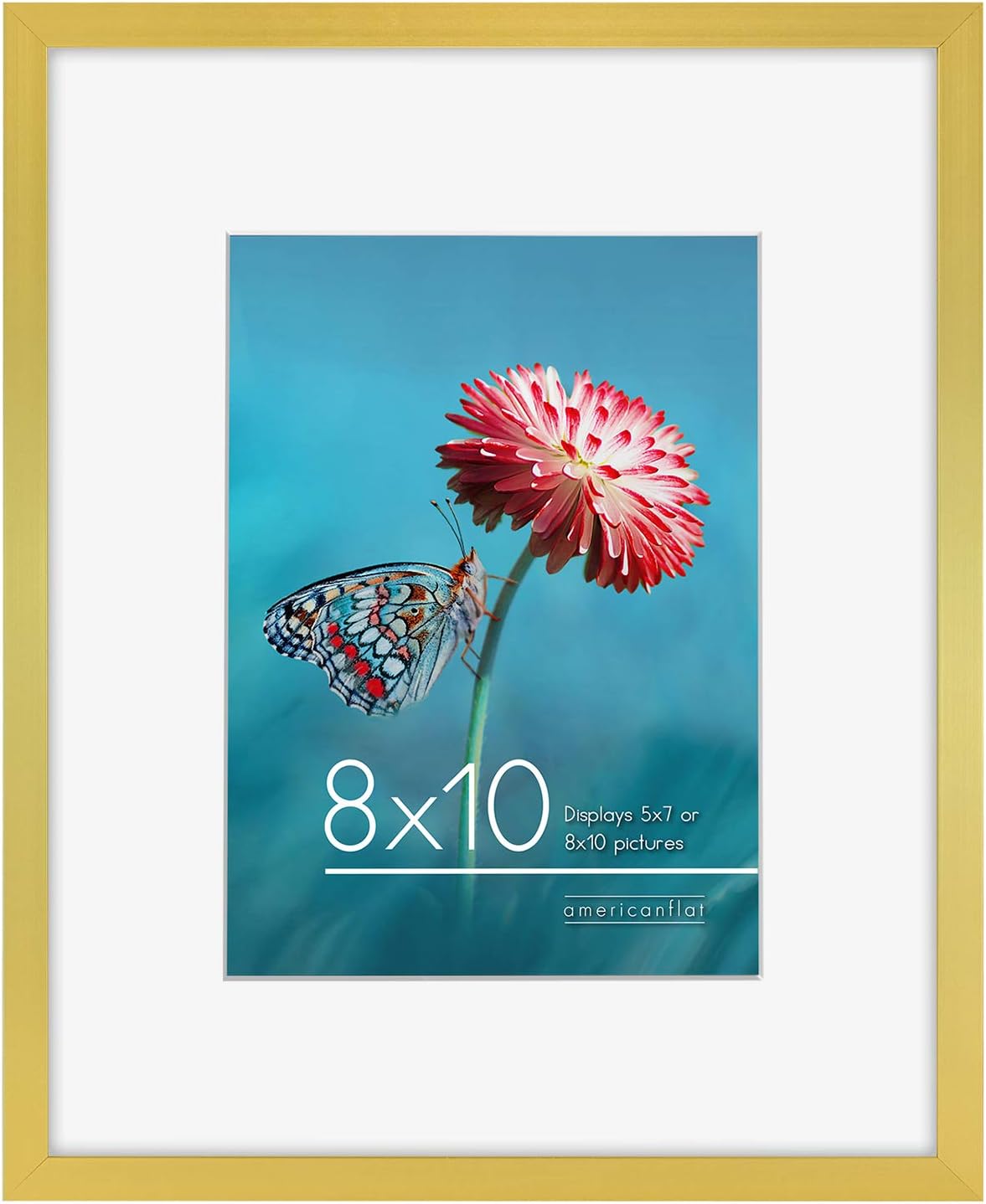Americanflat 8x10 Gold Picture Frame - Displays 5x7 Inch Picture with Mat or 8x10 Picture without Mat - Aluminum Frame with Tempered Shatter-Resistant Glass