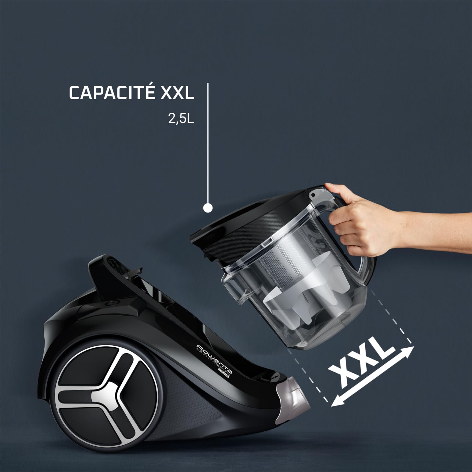 Rowenta RO4871 Compact Power XXL Aspirapolvere a Traino Senza Sacco, 2.5 L, 550 W, 75 dB(A), Tecnologia Ciclonica, Design Compatto, Animal Care Kit, Potente e Silenzioso, 5 Accessori Inclusi