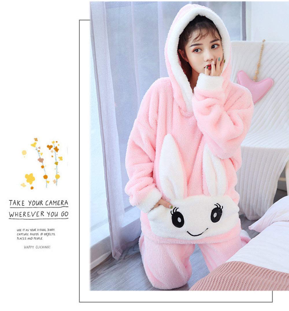 HAIBI Damen Pyjama Winter，Mädchen Schlafanzug 2 STK Mädchen Pyjamas Sets Nachtwäsche Cartoon Rosa Kaninchen Lange Ärmel Warm Pyjamas Weibliche Homewear