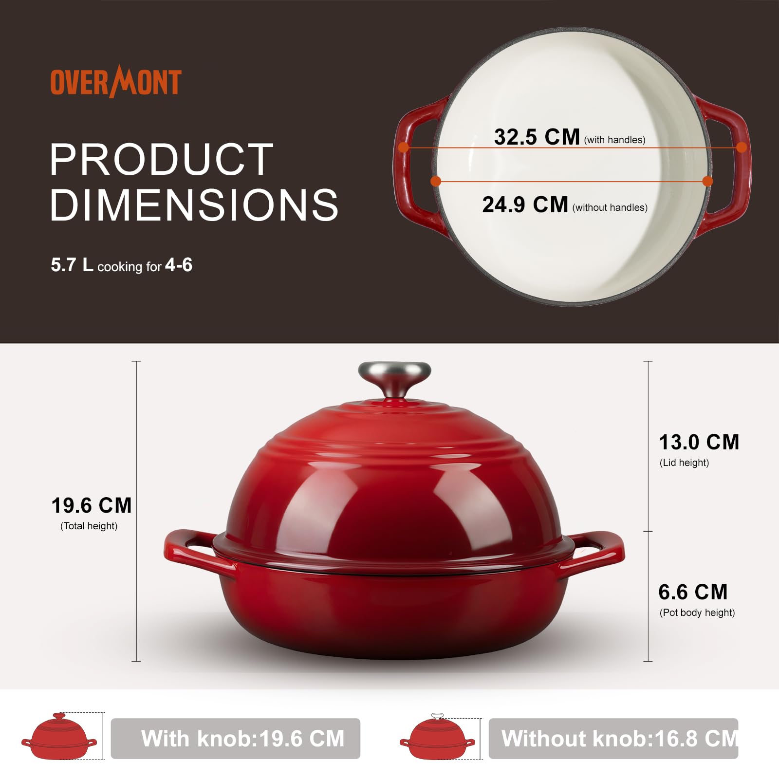 Overmont Pentola in Ghisa Smaltata per Pane - 5.7L Casseruola con Coperchio e Libro di Ricette - Per Cucina, Forno, Cuocere, Stufare e Arrostire - Rosso