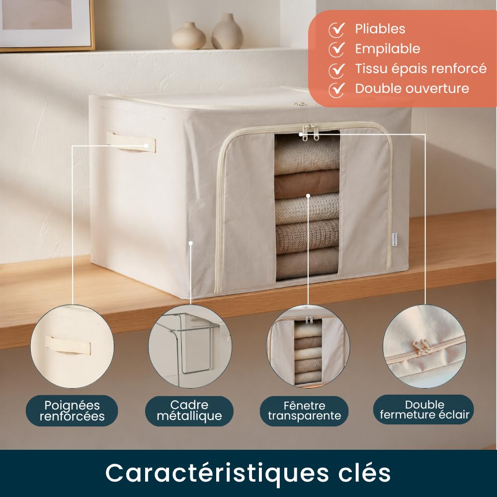 Rangement Parure de Lit, 3 Boites Draps + Sac Rangement à Cadre Métallique