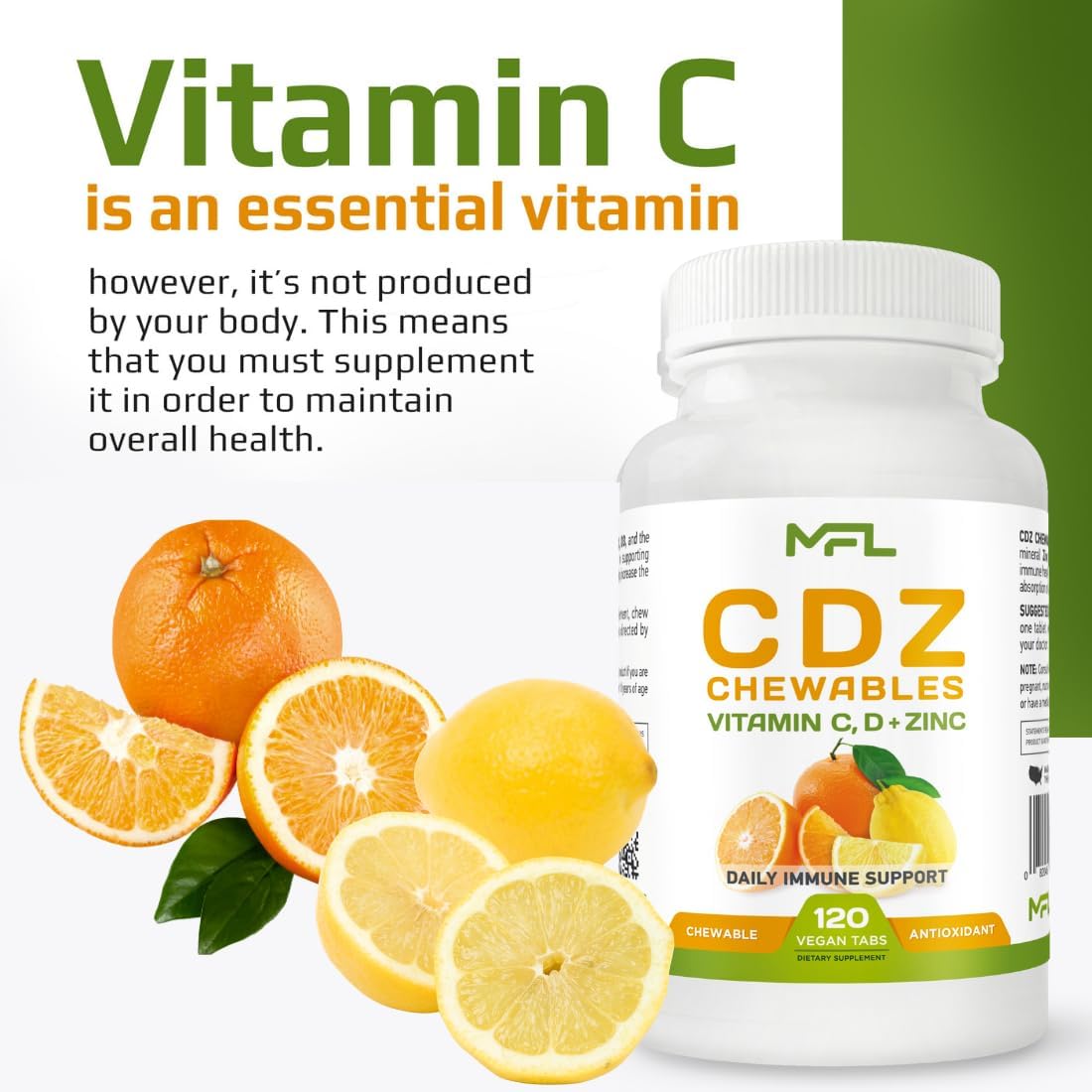 C D Z CHEWABLES | Vitamin C, 1000mg | Vitamin D3, | Zinc, | Non-GMO & Gluten Free | 120 Vegetarian Chewable Tablets | 120 Servings