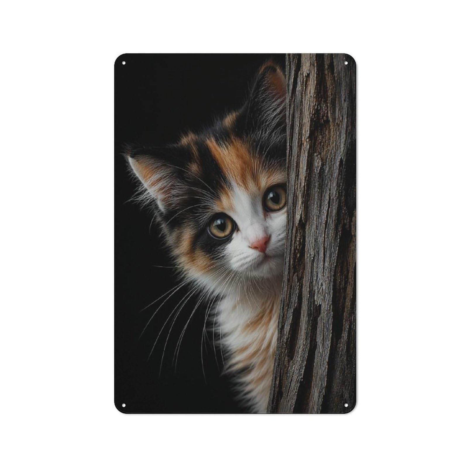 Metal Wall Sign 30x20cm Featuring Calico Kitten Peeking from Behind Tree for Workshop Wall, for Makers And DIY Enthusiasts