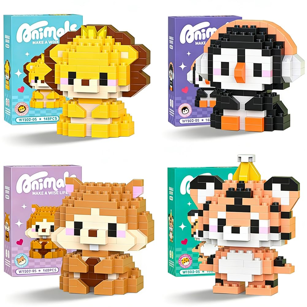 Animal Building Block, Lion Tiger Penguin Hamster Building Block Micro Blocks Set Animal Bricks Particle Puzzle DIY Mini Diamond Bricks for Adults Gift 4pcs