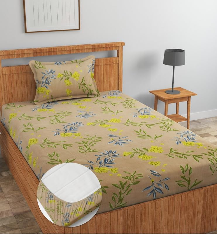 Image of NEW LEAF Premium Cotton Elastic Fitted Bedsheets with 1 Pillow Covers |Solid or Plain Single Bed Elastic 220 TC Supersoft Breathable & Wrinklefree | for 72x36+6 Inches, Mustarded