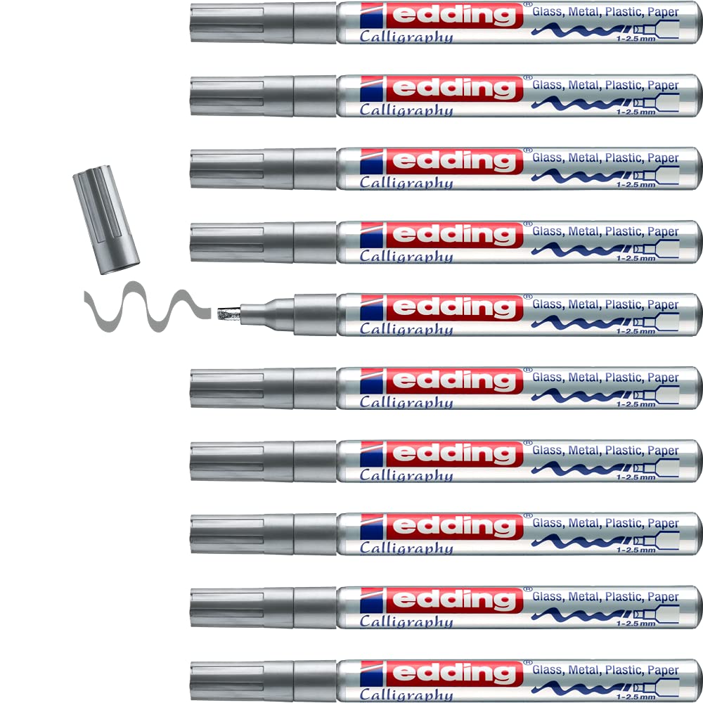 edding 753 marcador de tinta opaca brillante para caligrafía - plata - x10 - punta caligrafía 1-2,5 mm - vidrio, piedra, plástico, papel - resistente al agua, opaco - bullet journal, escritura a mano