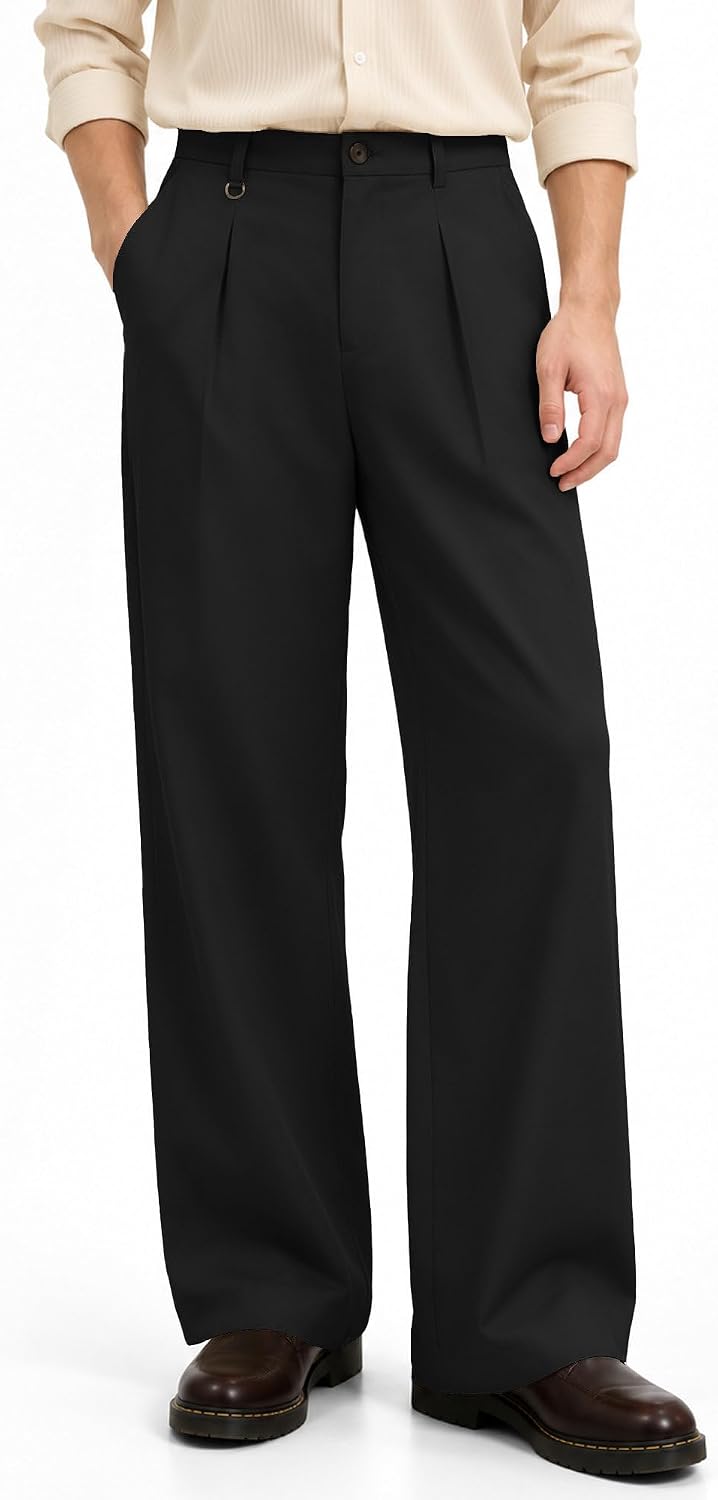 ZKMAN Men's Wide Leg Pleated Dress Pants Drawstring Elastic Waist Slacks
