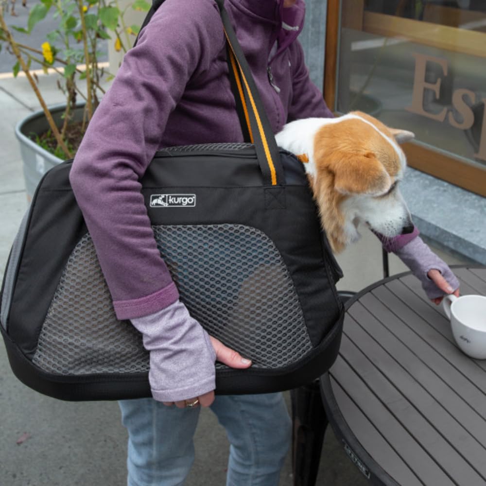 Kurgo Explorer Hundetasche - Bequemer Transport für Reisen - Wasserfester Armorsole-Boden - Flugzeug geeignet - Tragetasche - Für Katzen & kleine Hunde bis 9 kg - Schwarz/Gelb