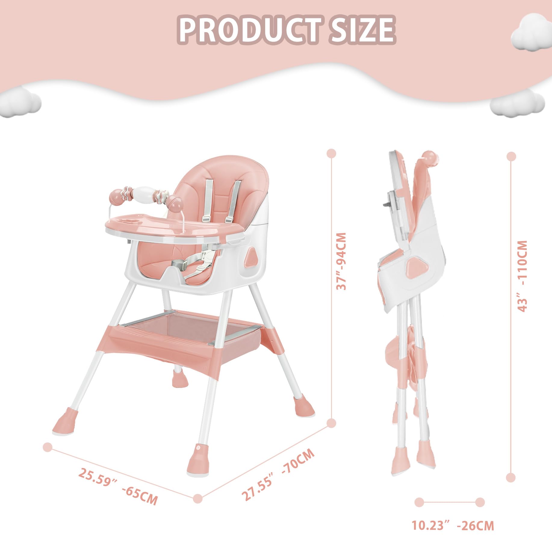 UBRAVOO Trona Bebé 3 en 1, Silla de Comedor Portátil Convertible con Arnés de 5 Puntos, Doble Bandeja para Comida y Estantes para Juguetes (rosa-03)