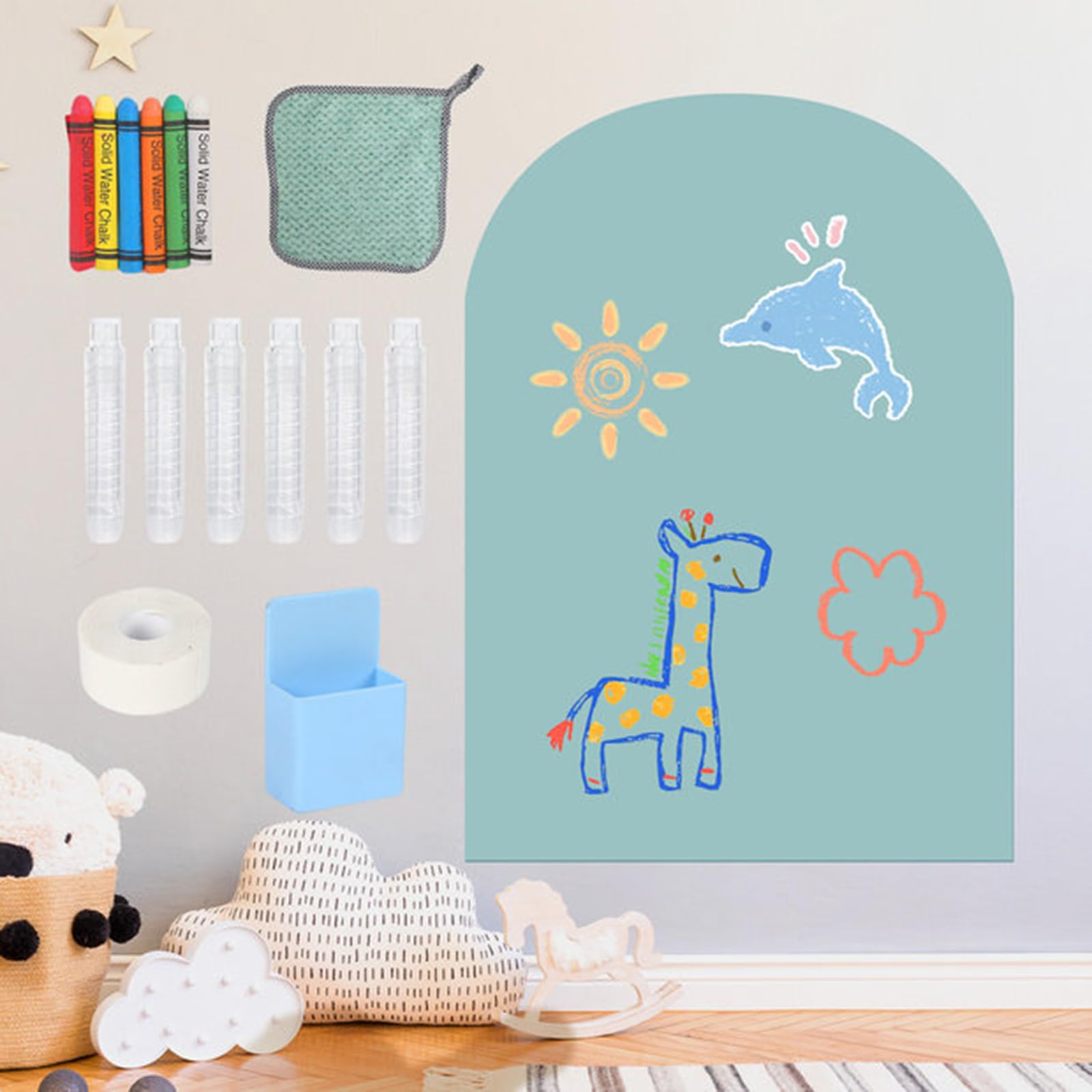 Tablica magnetyczna dla dzieci, magnetyczna tablica do naklejania w kształcie łuku 80×100 CM, tablica magnetyczna do naklejania z 6 wodorozpuszczalnymi kredkami i 1 ściereczką do czyszczenia