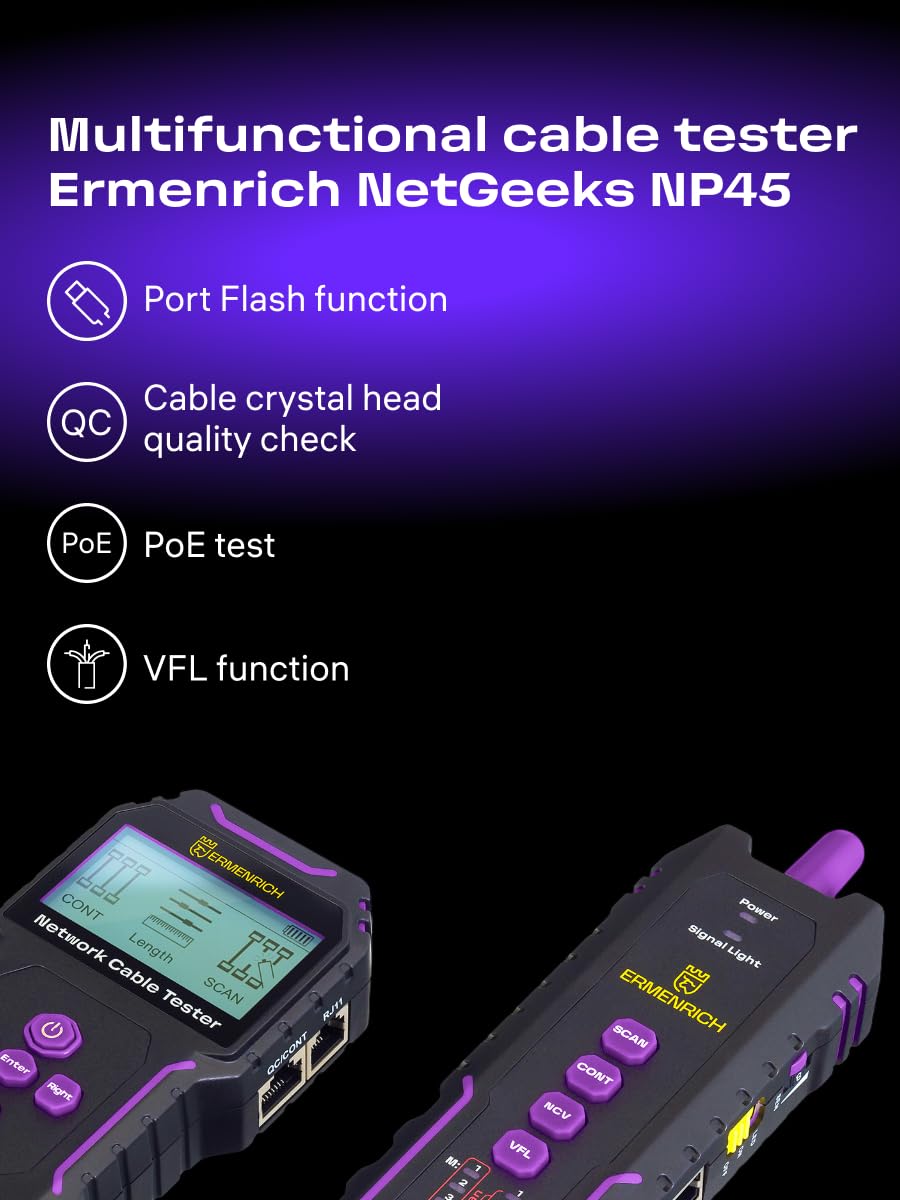 NetGeeks NP45 Tester per Cavi di Rete TDR PoE VFL e NCV RJ45 RJ11 | CAT5E/6/6A Misura Distanza dai Guasti Porta Lampeggiante Polarità e Controllo Qualità dei Connettori LAN per Manutenzione