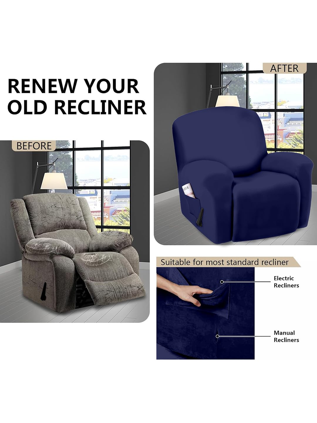 VORHANG Super Stretch Printed Recliner Cover Recliner Couch Covers Recliner Chair Cover Form Fitted Non Slip Reclining Slipcovers for Standard Large Recliner, Soft Thick,Navy Blue 3