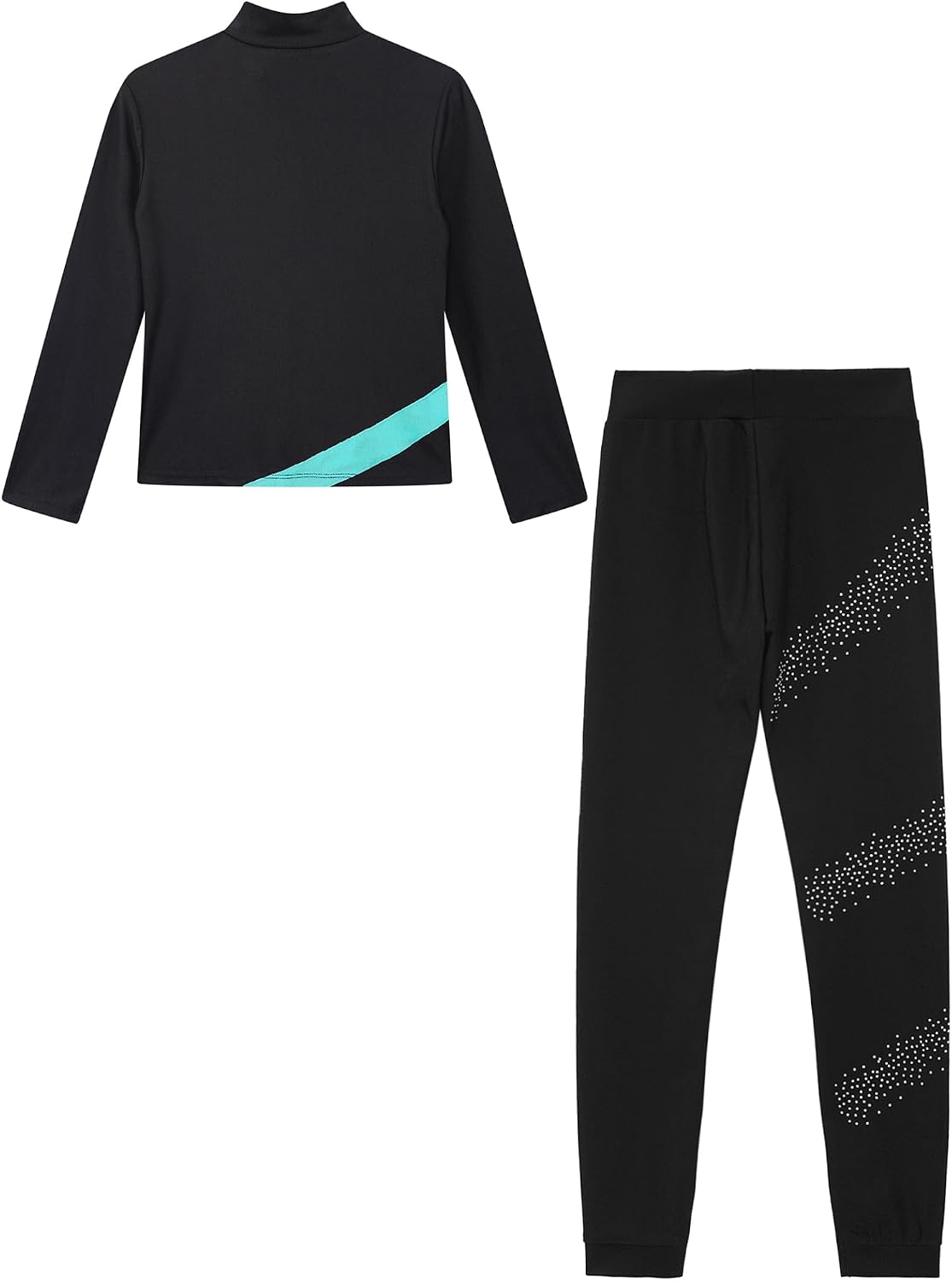 Kids Girls Shiny Long Sleeve Jacket Figure Ice Skating Sweatshirt with Leggings Trousers Set Dancewear