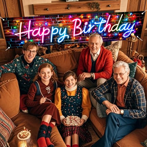 Image of Nuxovilar Happy Birthday Neon Yard Banner 78.7x17.7 Polyester | Neon Banner, Birthday Poster, Yard Wall Sign, Brick Backdrop. Suitable for Outdoor, Lawn, Patio. (Neon Light)