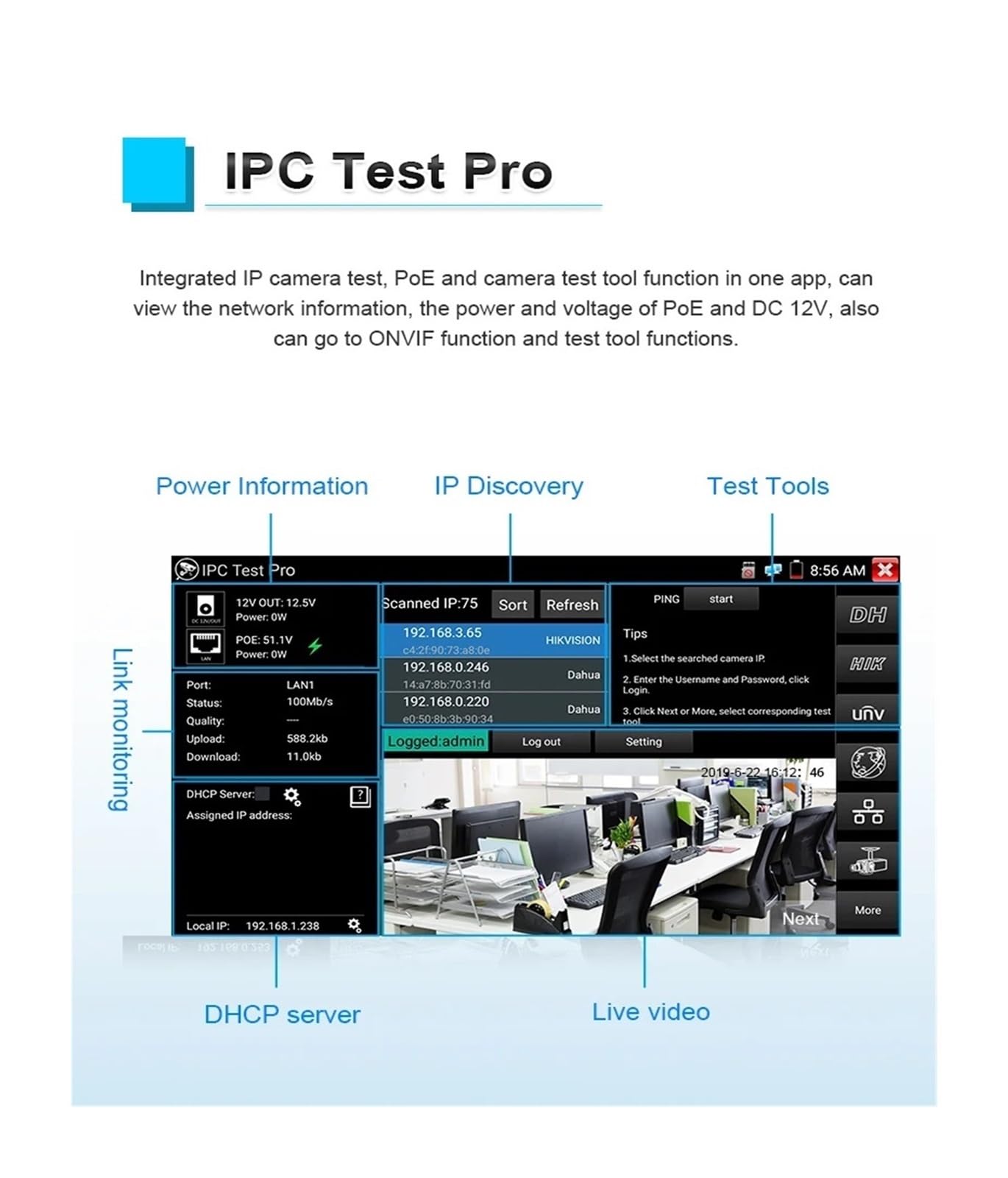 Tester CCTV, IPC5200C Tester monitora CCTV 4K | Z Tester kamery IP Analogowy tester monitoringu wideo CCTV IP PoE RJ45 Test kabla TDR do testowania kamer CCTV i IP.