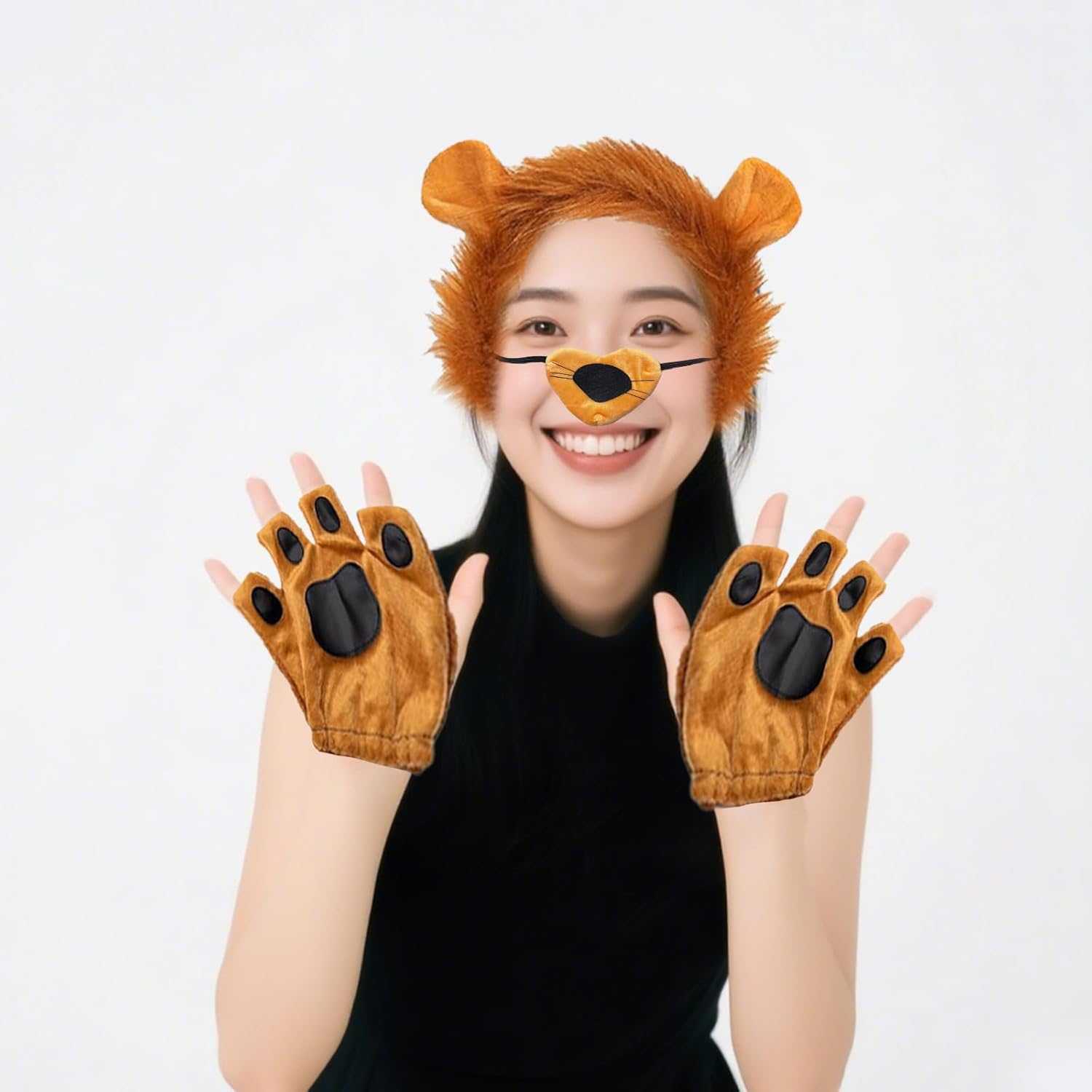 4PCS Lion Costume Accessory Set Headband with Ears Tail Nose Paw Gloves & Bow Tie for Halloween Cosplay and Dress-Up Parties for Adult - Image 7