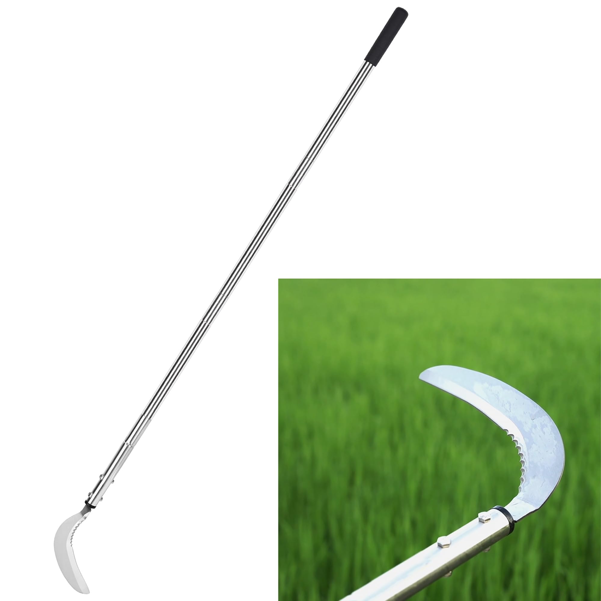 Weeding Sickle, Serrated & Plain-Edged Combined Steel Scythe 51-Inch Adjustable Long Handle, Lightweight Long-Handled Garden Sickle Tool for Gardens, Yards, Fields & Overgrown Areas