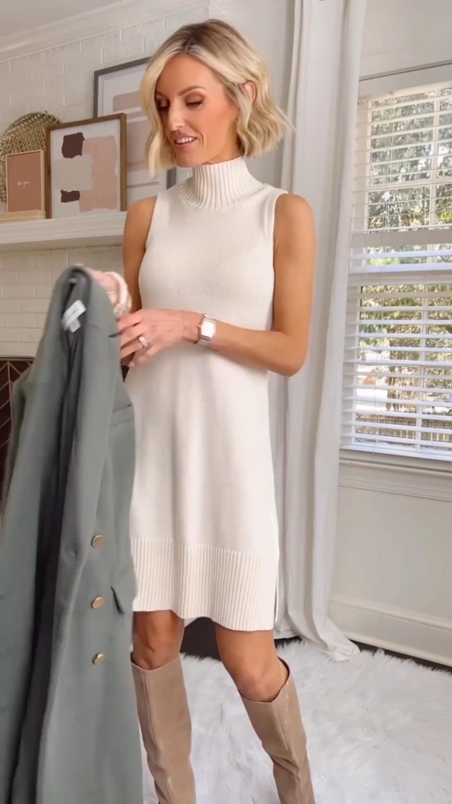 Chang Yun Women's Sleeveless Turtleneck Sweater Dresses 2025 Casual Knit Pullover Sweaters Dressy Bodycon Tank Mini Dress Khaki at Amazon Women's Clothing store