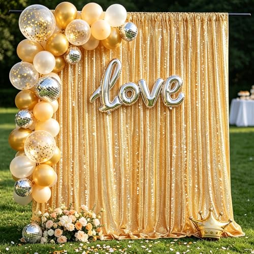 Image of Gold Sequin Backdrop Curtain Drapes Wall Backdrop Party Decorations 8x8FT