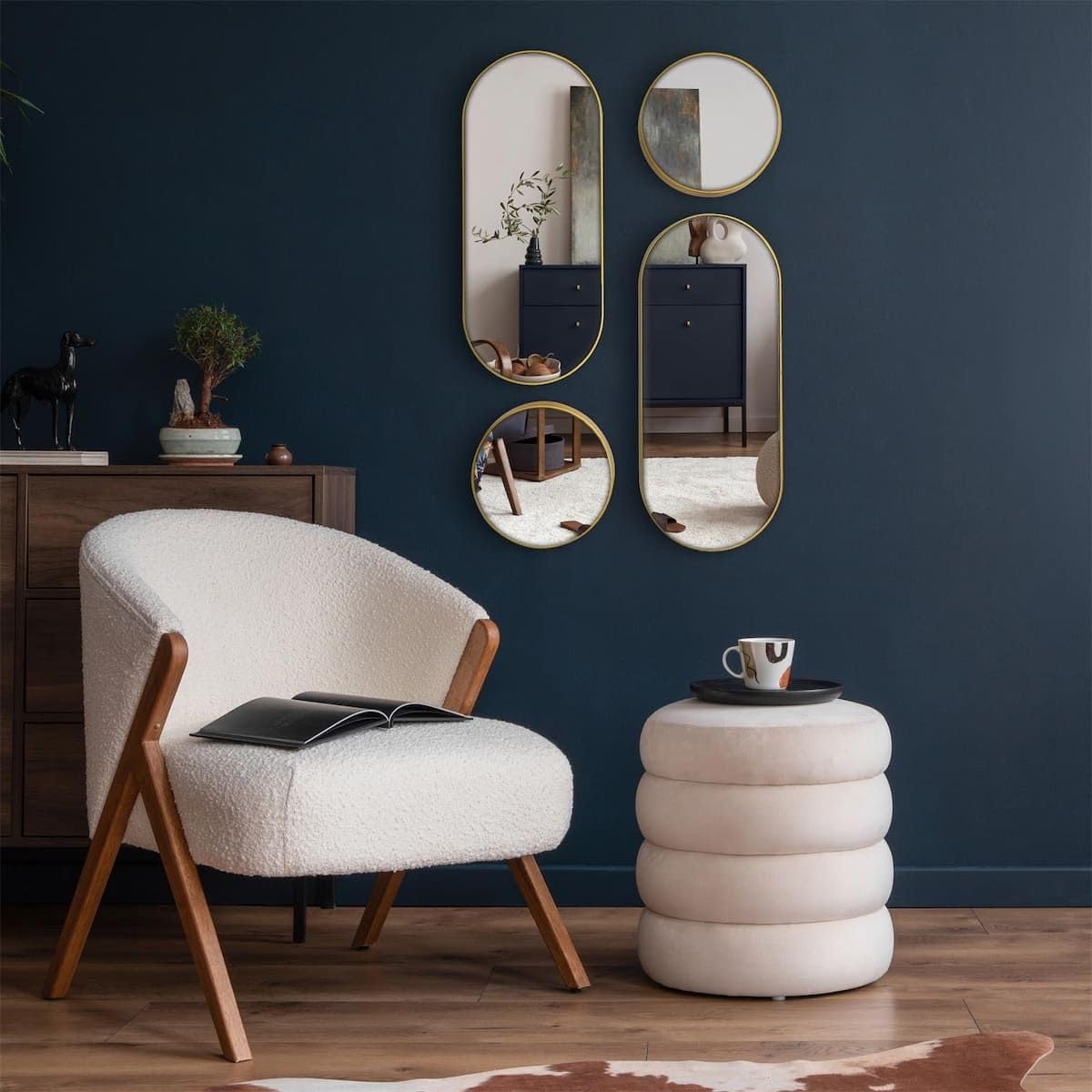 AltoBuy Lot de 4 Miroirs Muraux Décoratifs Rond et Ovale Versa Doré - Ionix